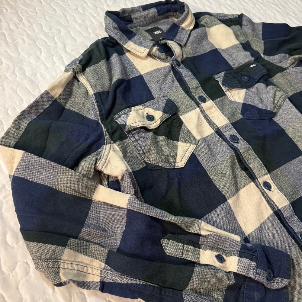 Vans Flannel Shirt Mens Small Blue Reworked Cropped Plaid Slim Fit Upcycled